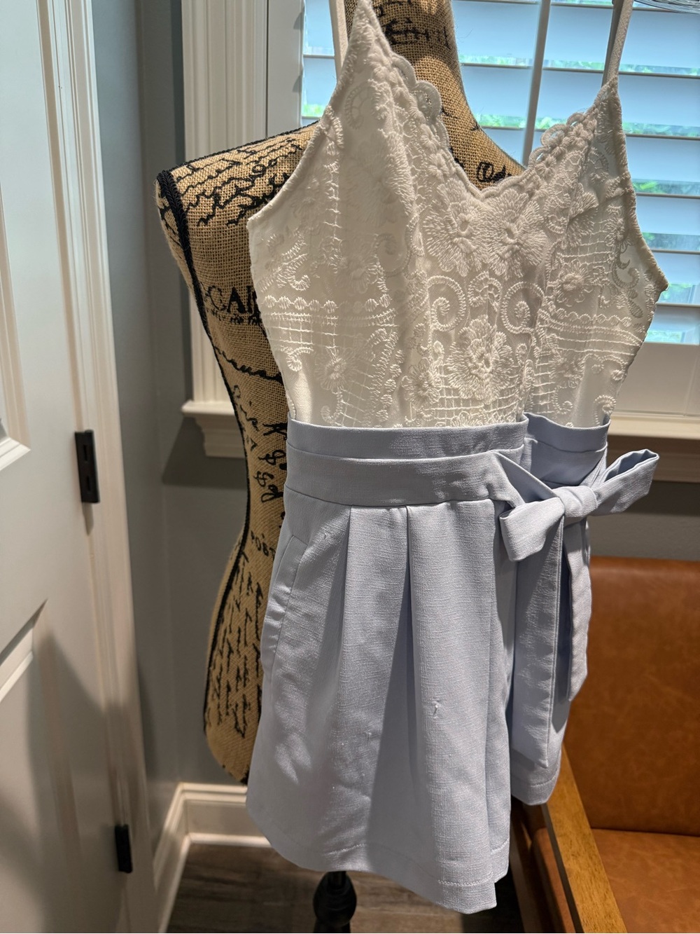 the clothing company White Lace Bodice Light Blue Tie-Waist Romper w/Pockets - Picture 4 of 6